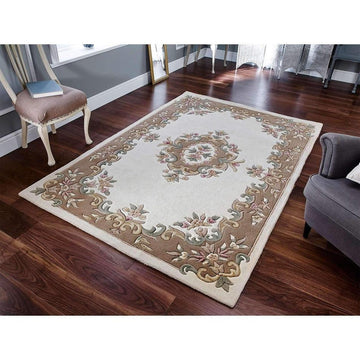 Royal Traditional Floral Aubusson Medallion Border French-Style Hand-Carved Hi-Low Textured Soft Durable Wool Cream/Beige Rug-Melrose-Rug Love - The Most Loved Rug Store